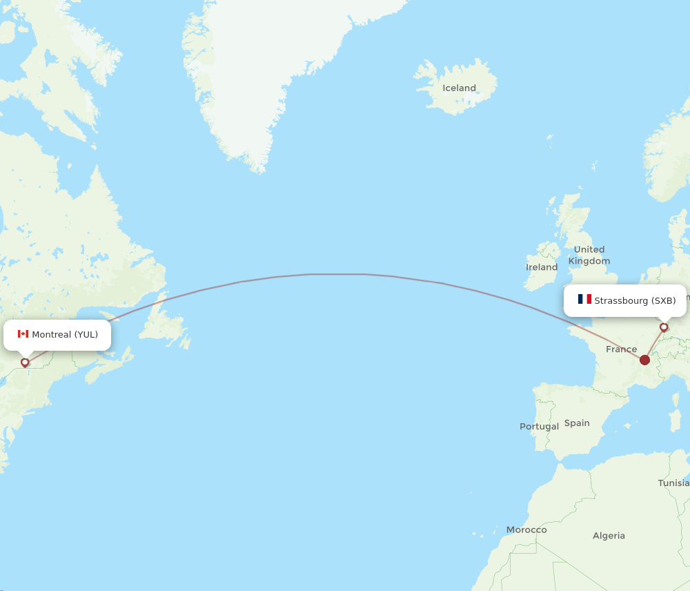 Montreal - Strasbourg route map and flight paths