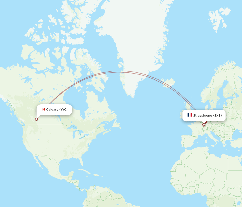 Strasbourg - Calgary route map and flight paths
