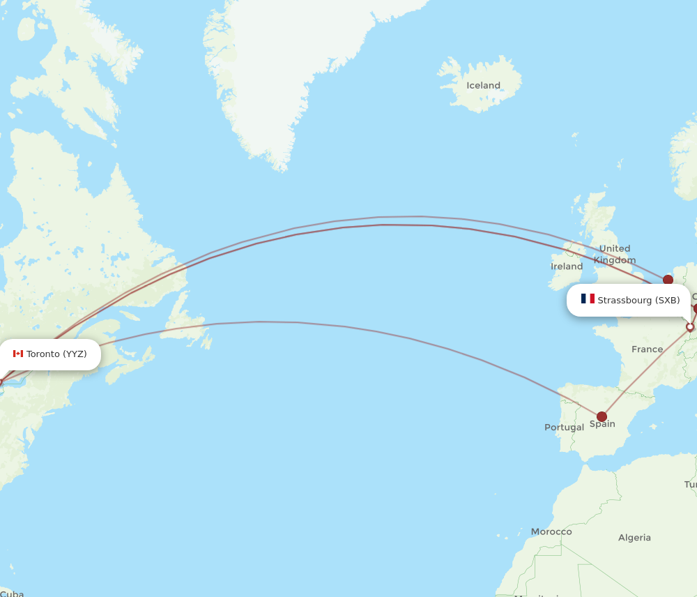 SXB to YYZ flights and routes map