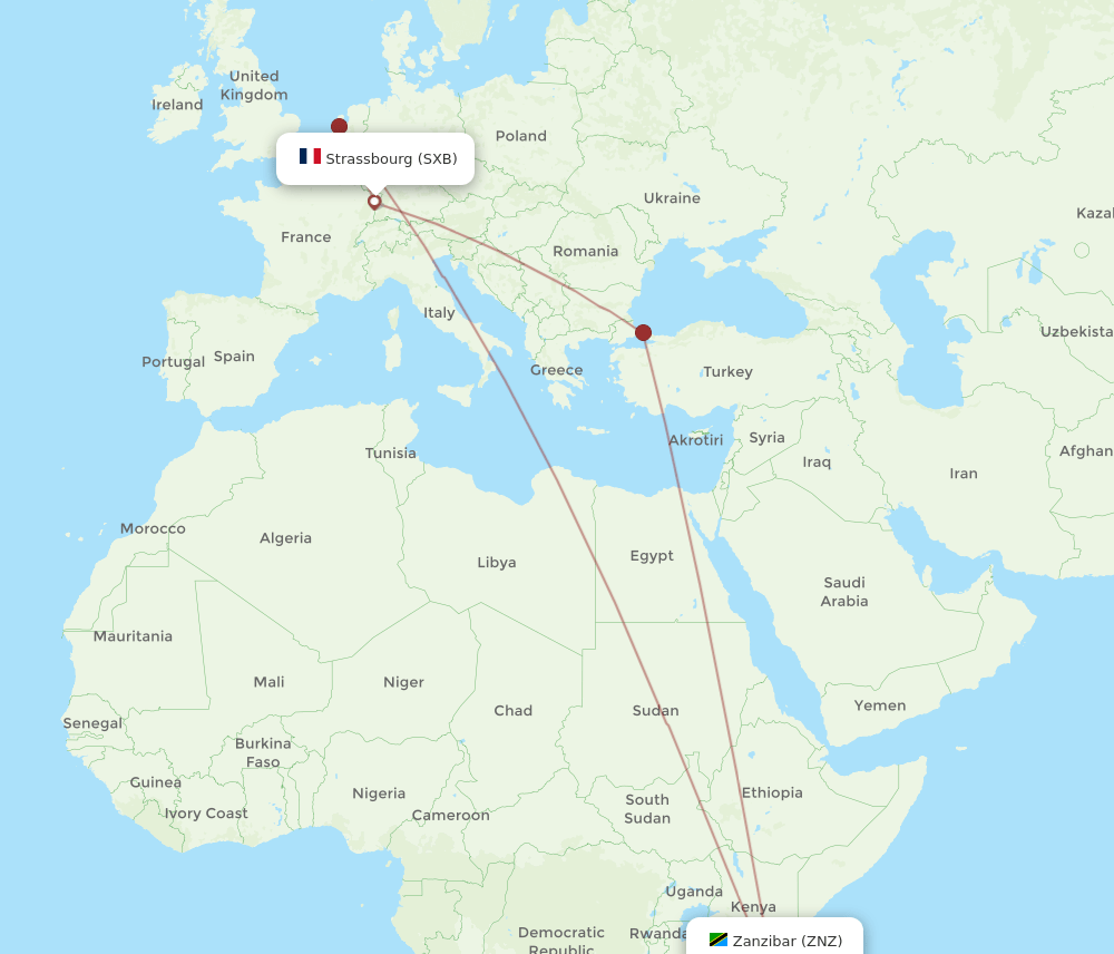 SXB to ZNZ flights and routes map