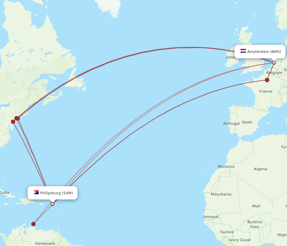 SXM to AMS flights and routes map