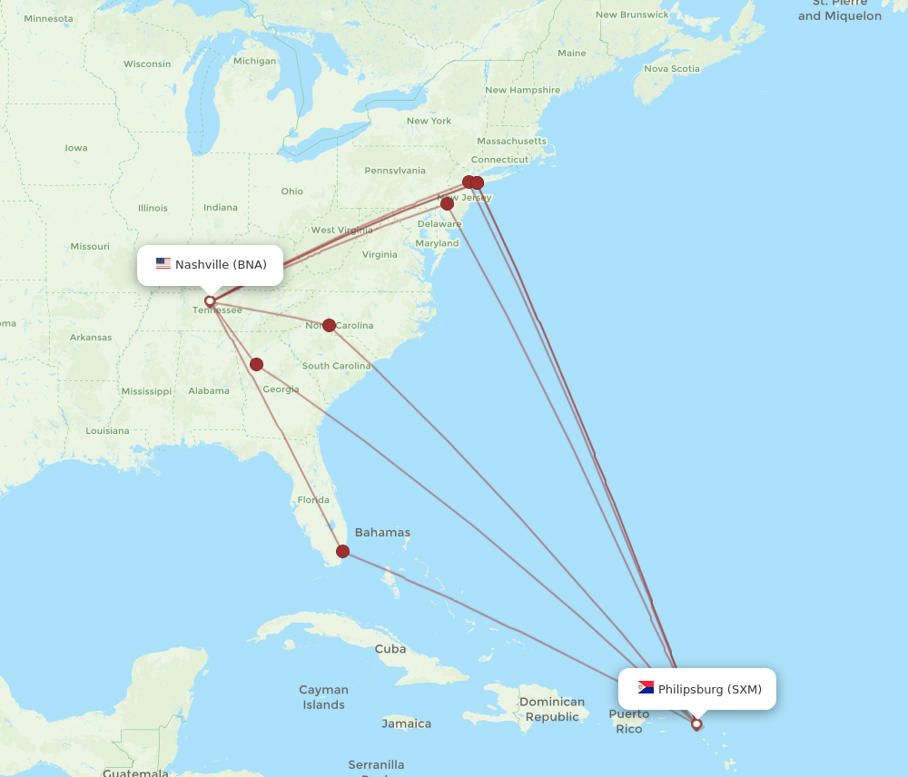 SXM-BNA flight routes
