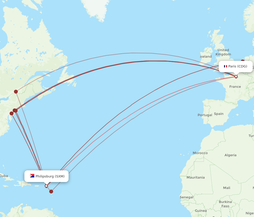 SXM to CDG flights and routes map