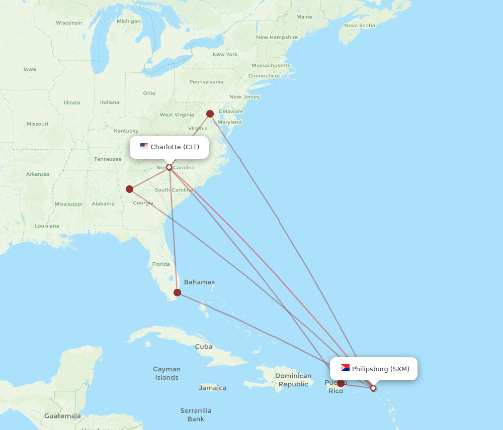 SXM-CLT flight routes