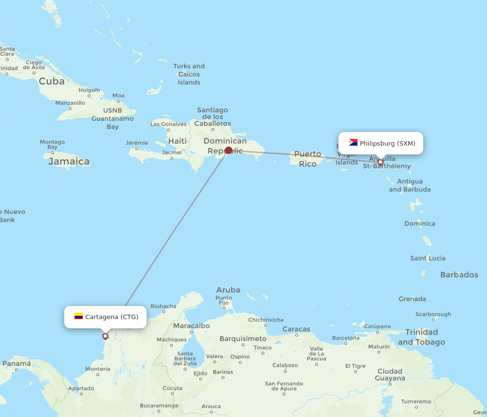 Cartagena - Sint Maarten route map and flight paths
