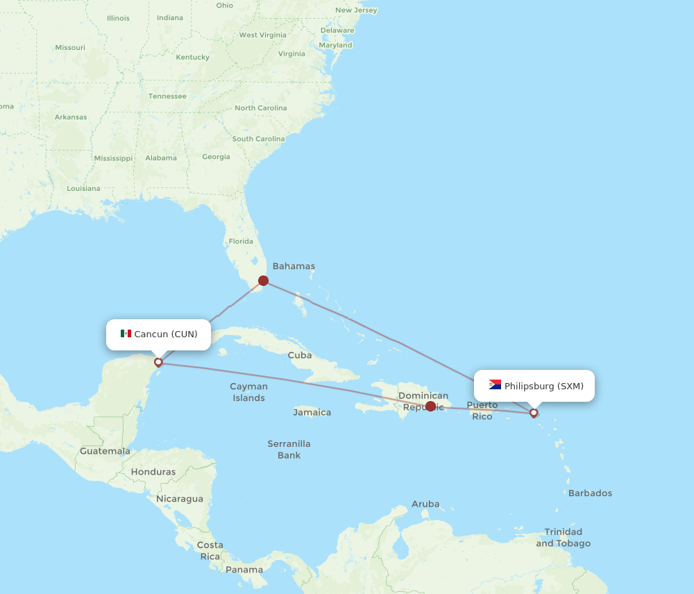 SXM to CUN flights and routes map