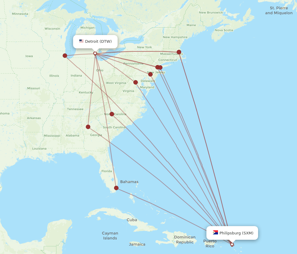 SXM to DTW flights and routes map
