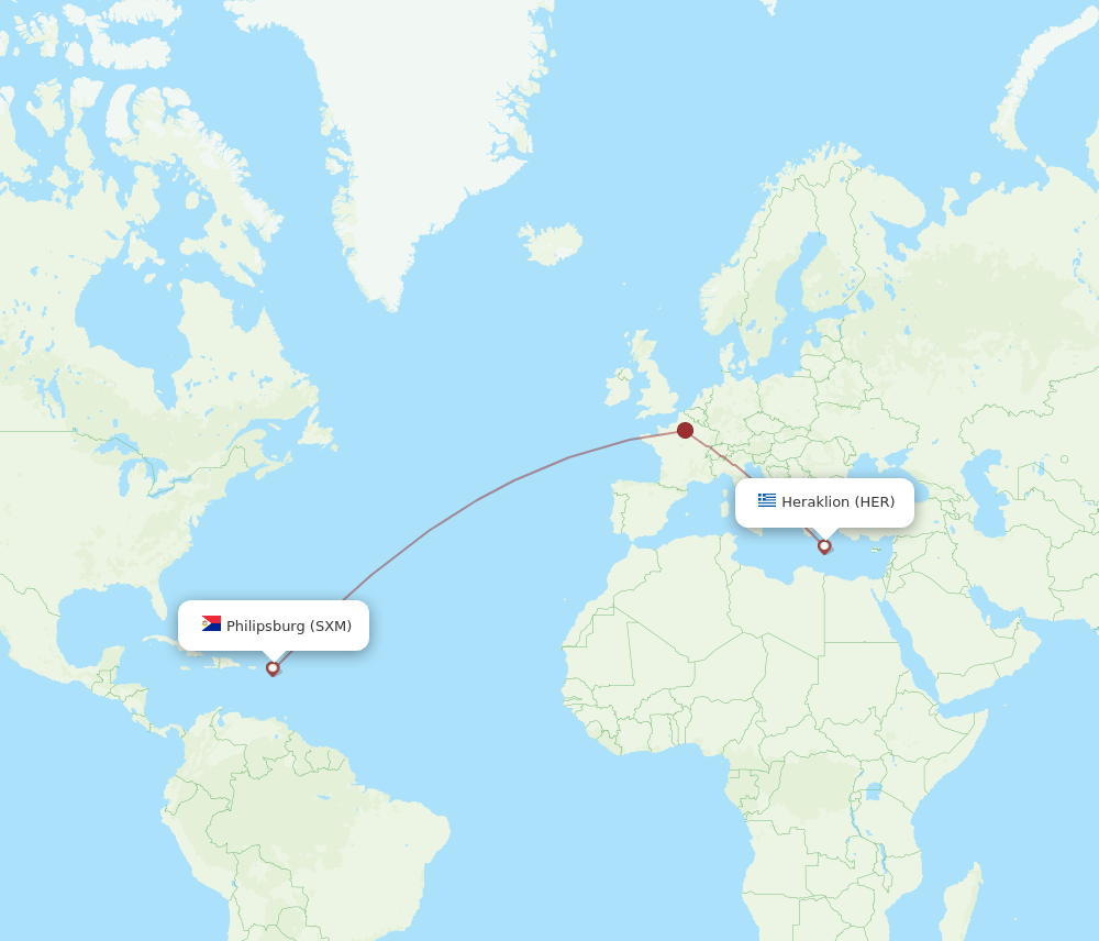 Heraklion - Sint Maarten route map and flight paths