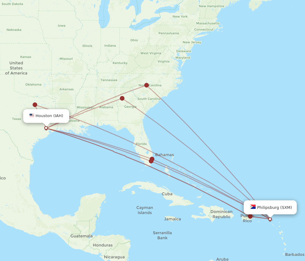 SXM to IAH flights and routes map