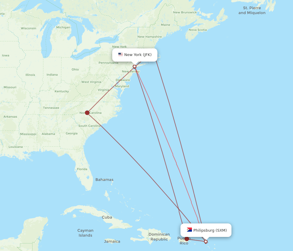 SXM to JFK flights and routes map