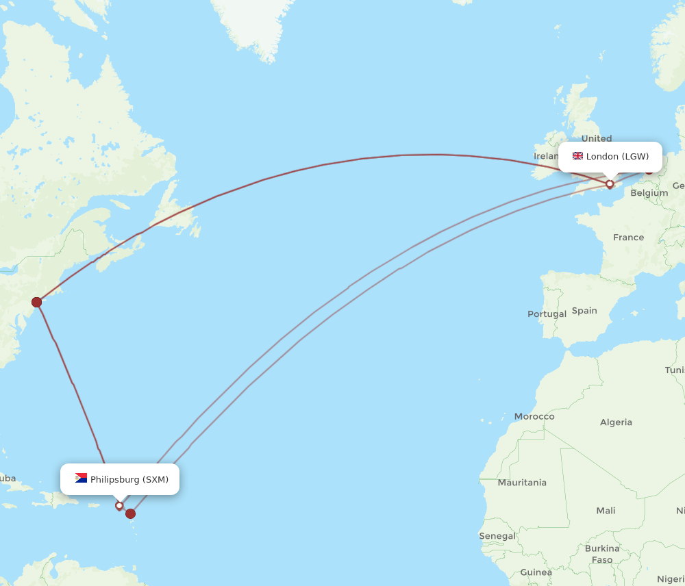 SXM-LGW flight routes