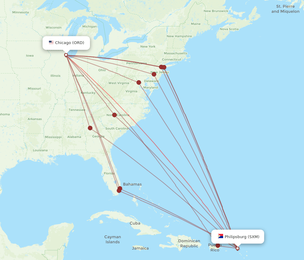 SXM-ORD flight routes