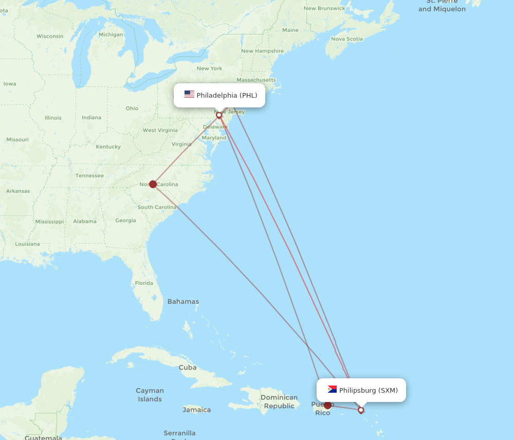 SXM to PHL flights and routes map