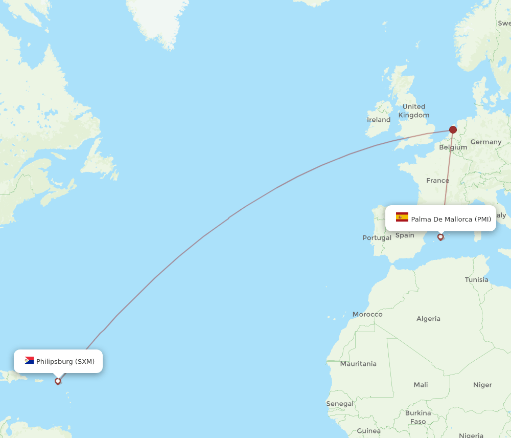 Palma de Mallorca - Sint Maarten route map and flight paths