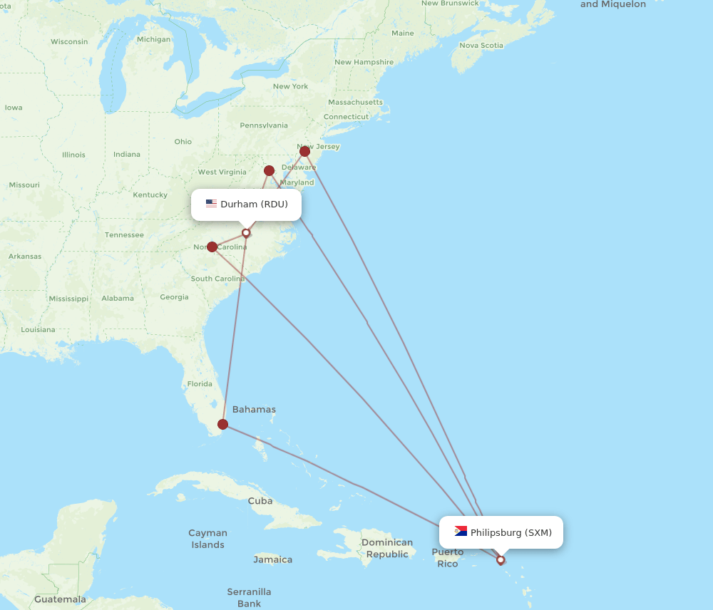 SXM to RDU flights and routes map