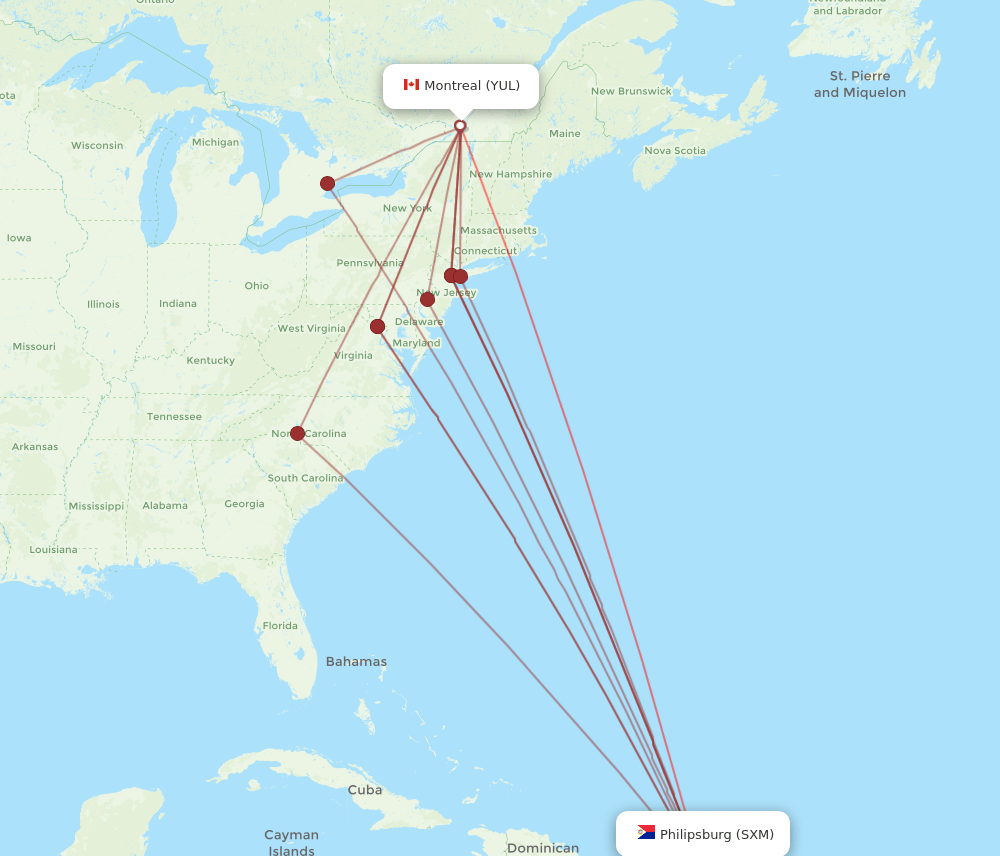 SXM to YUL flights and routes map