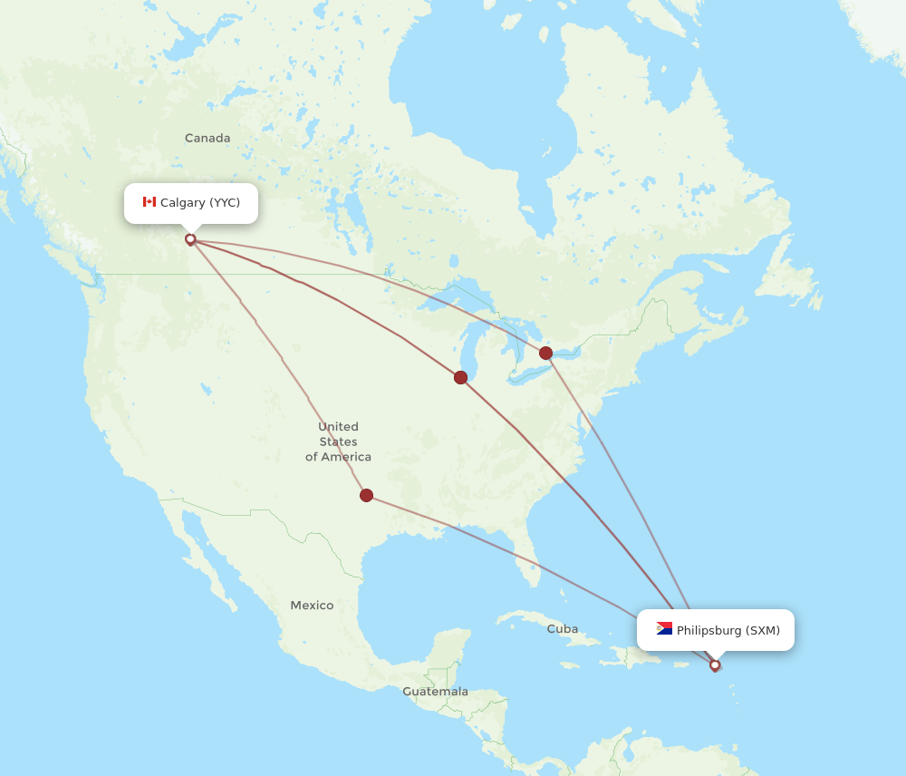 Calgary - Sint Maarten route map and flight paths