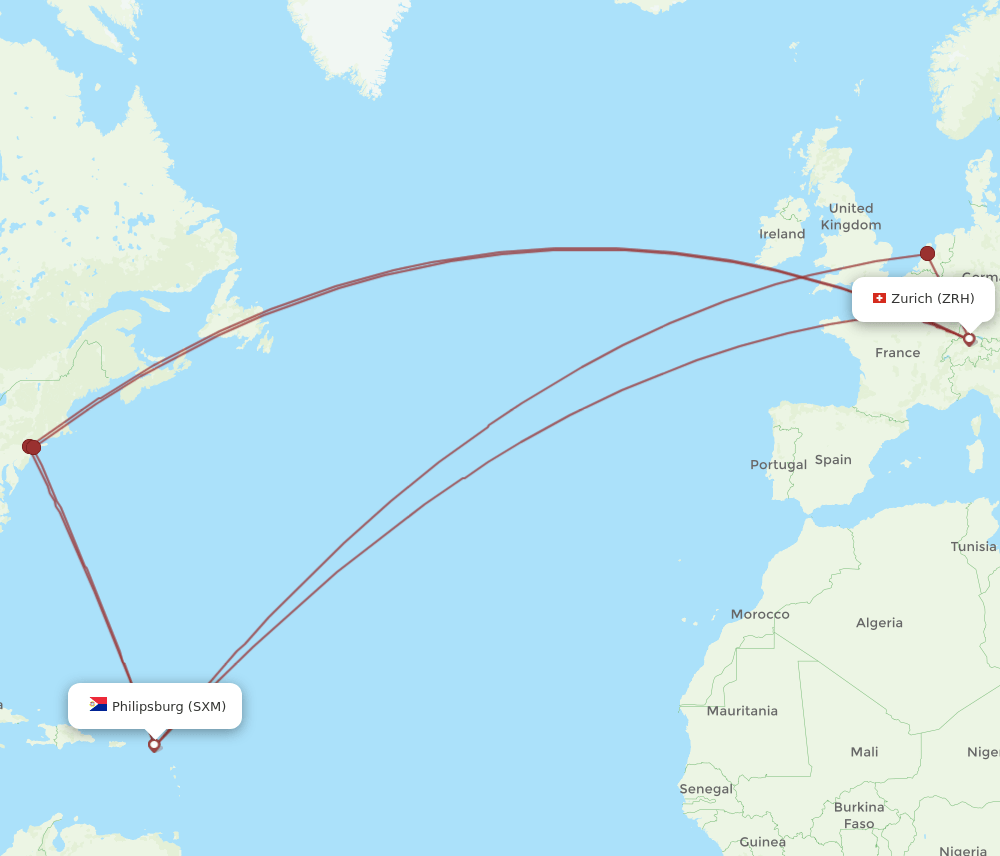 ZRH to SXM flights and routes map