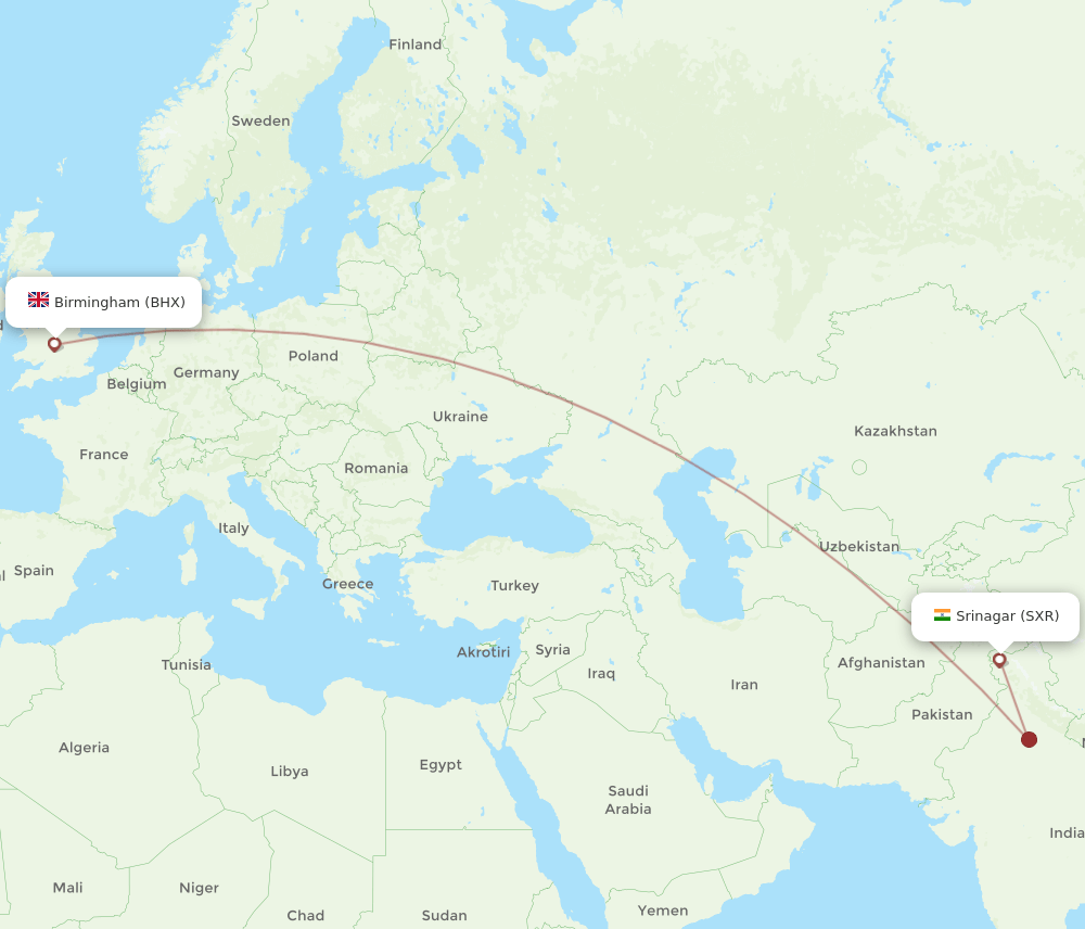 Birmingham - Srinagar route map and flight paths