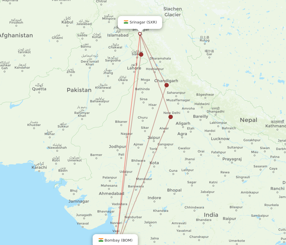 SXR to BOM flights and routes map
