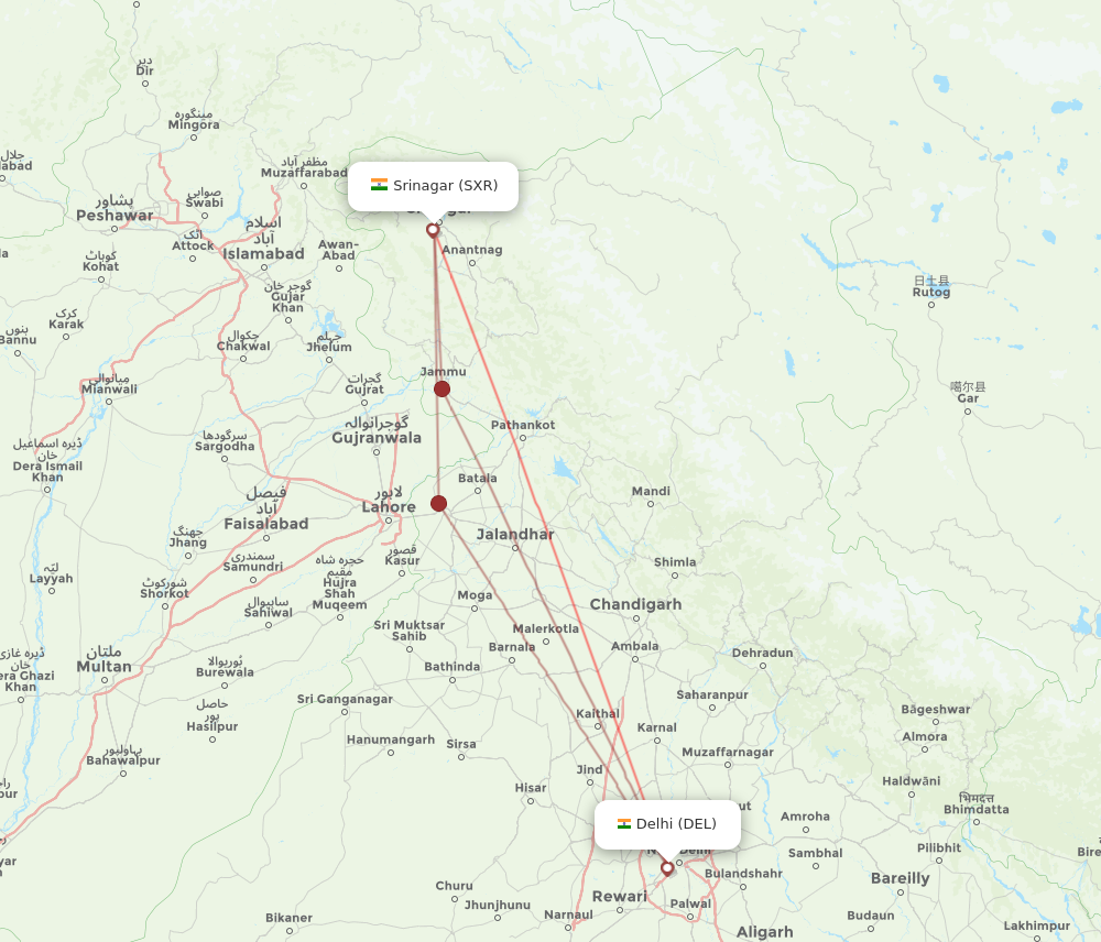 SXR to DEL flights and routes map