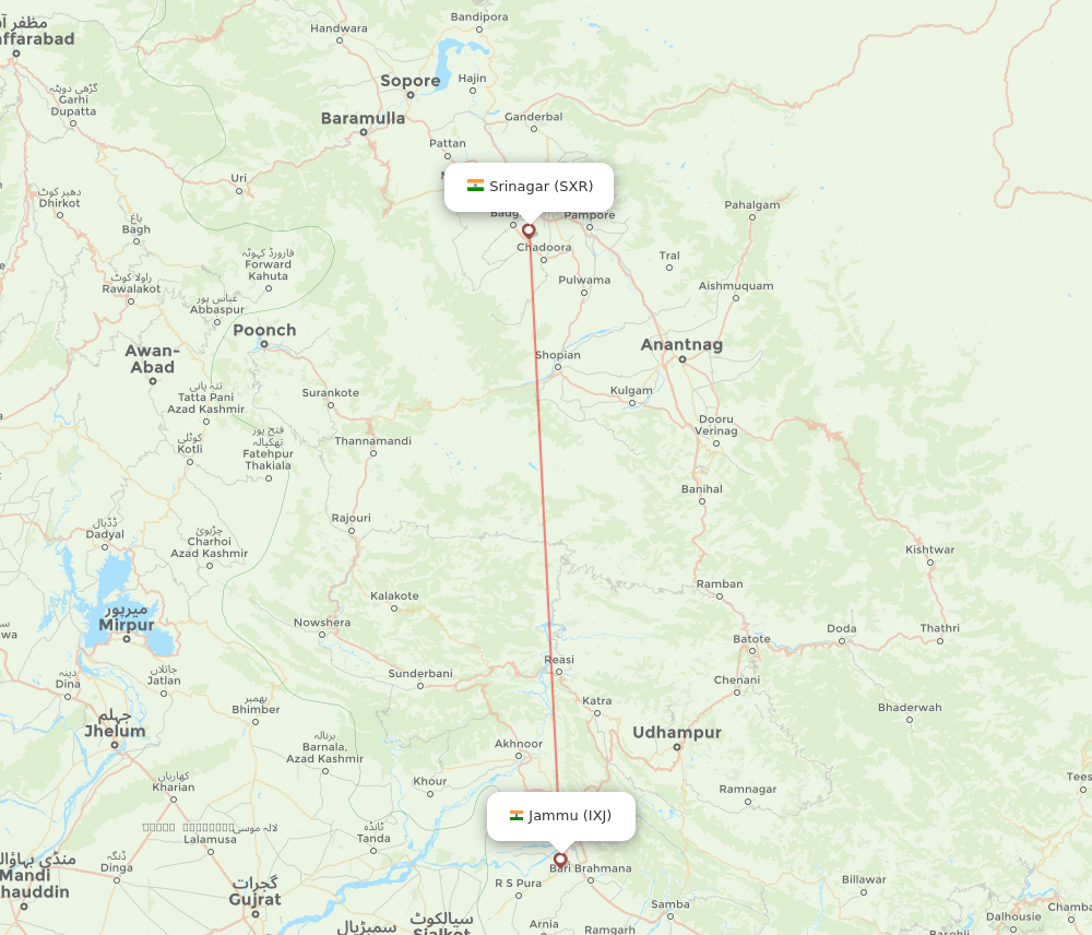 Srinagar - Jammu route map and flight paths
