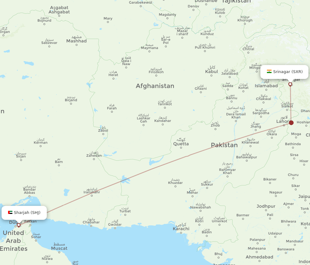 Sharjah - Srinagar route map and flight paths