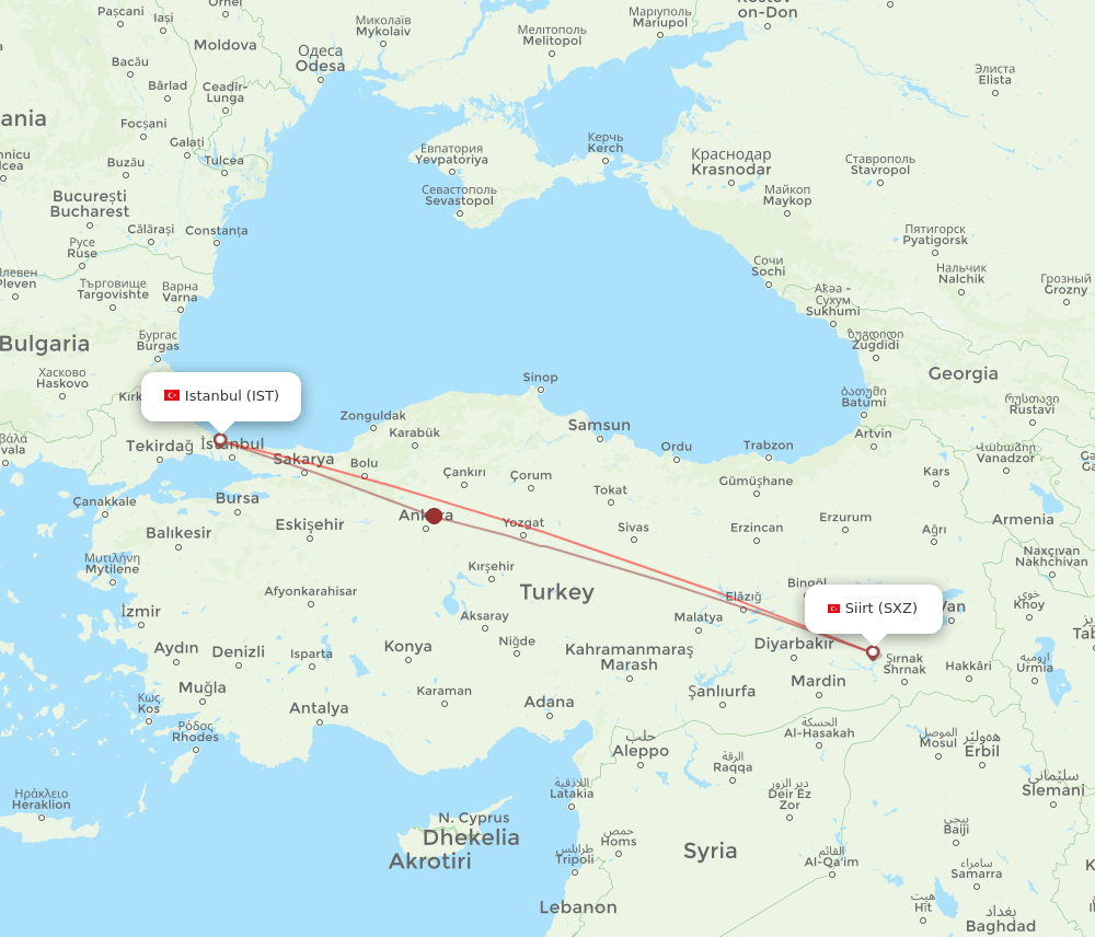 Siirt - Istanbul route map and flight paths