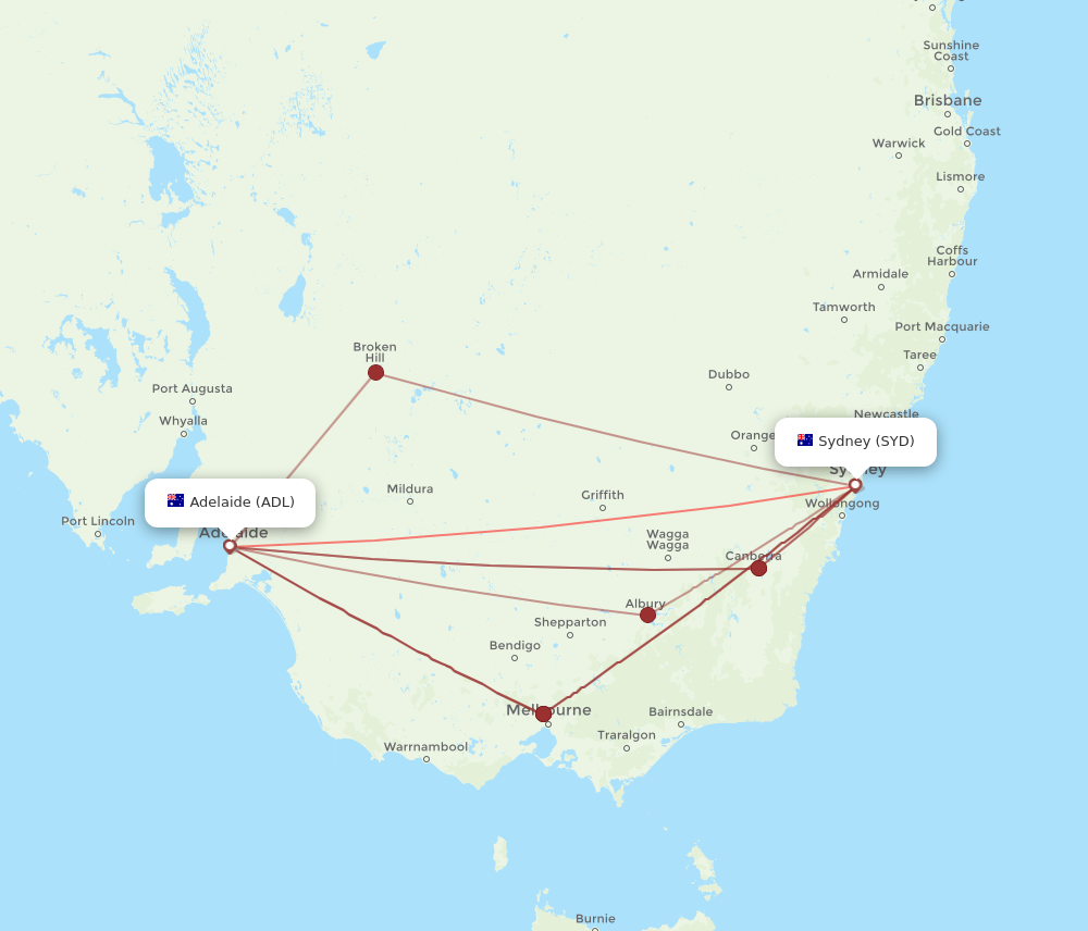 SYD to ADL flights and routes map