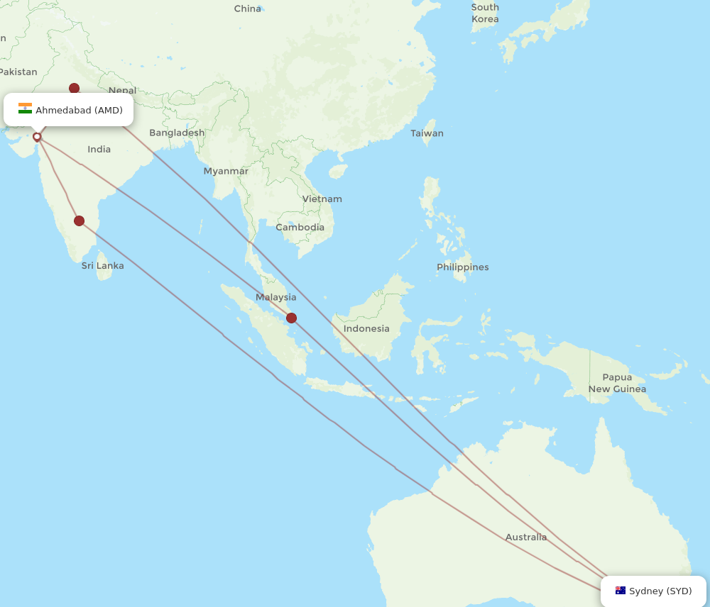SYD to AMD flights and routes map