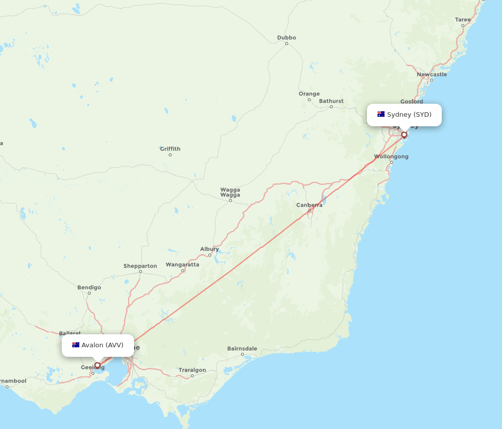 SYD to AVV flights and routes map