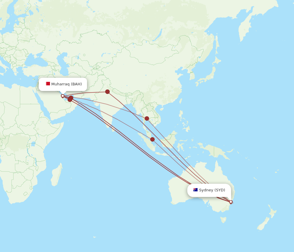 SYD to BAH flights and routes map