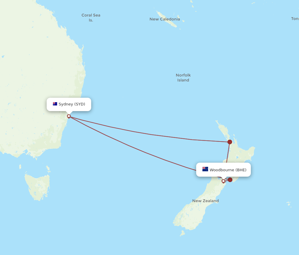 SYD to BHE flights and routes map