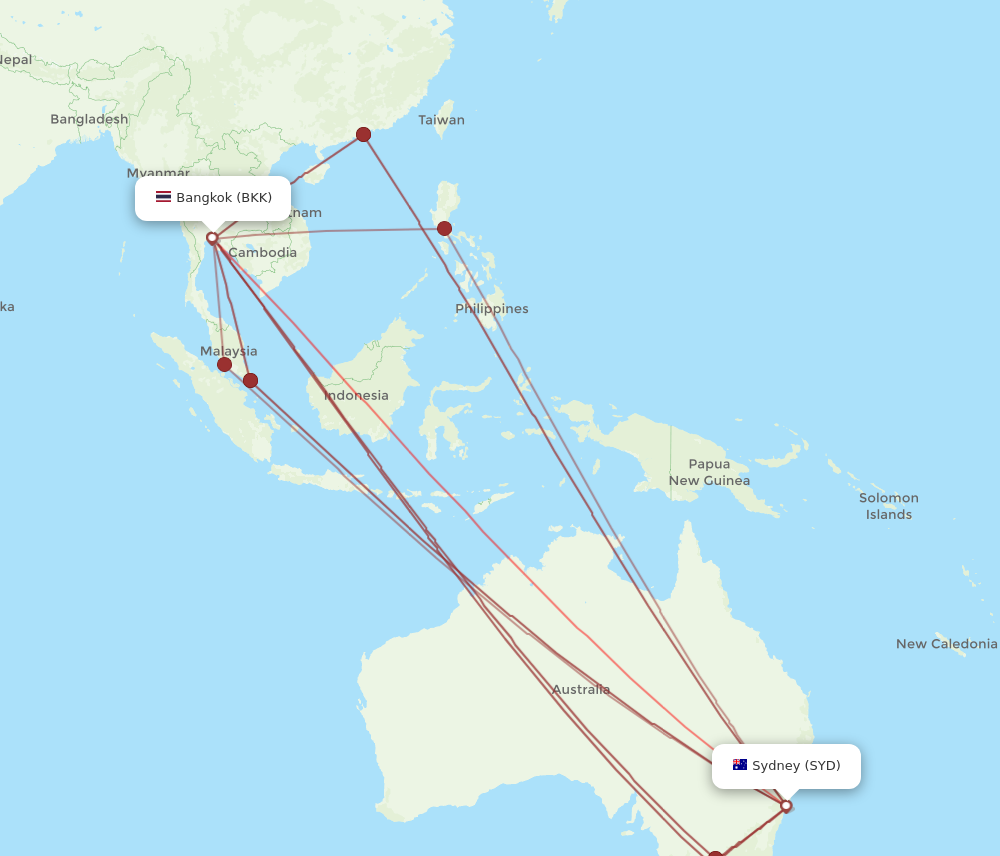 SYD to BKK flights and routes map