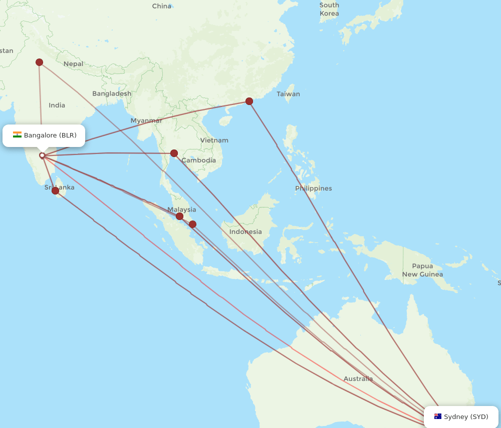 SYD to BLR flights and routes map