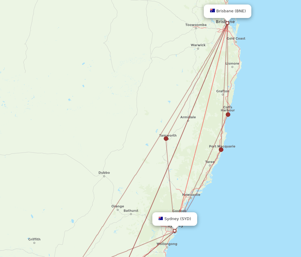 Sydney - Brisbane route map and flight paths
