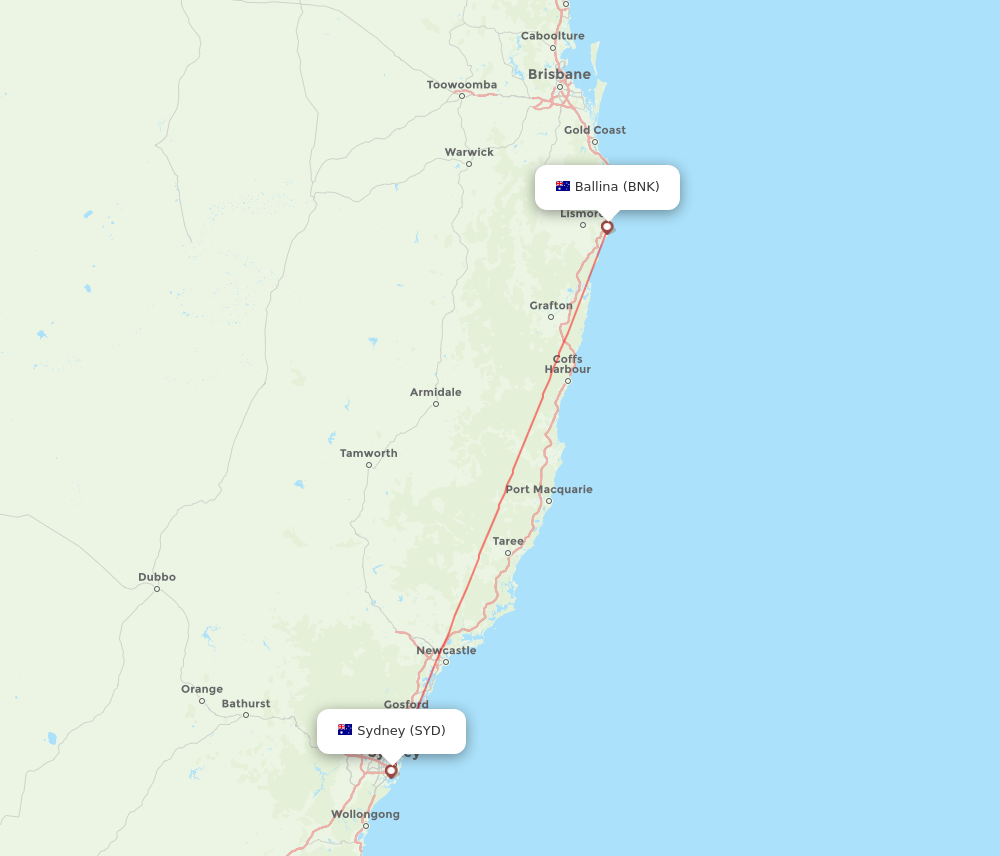 SYD to BNK flights and routes map