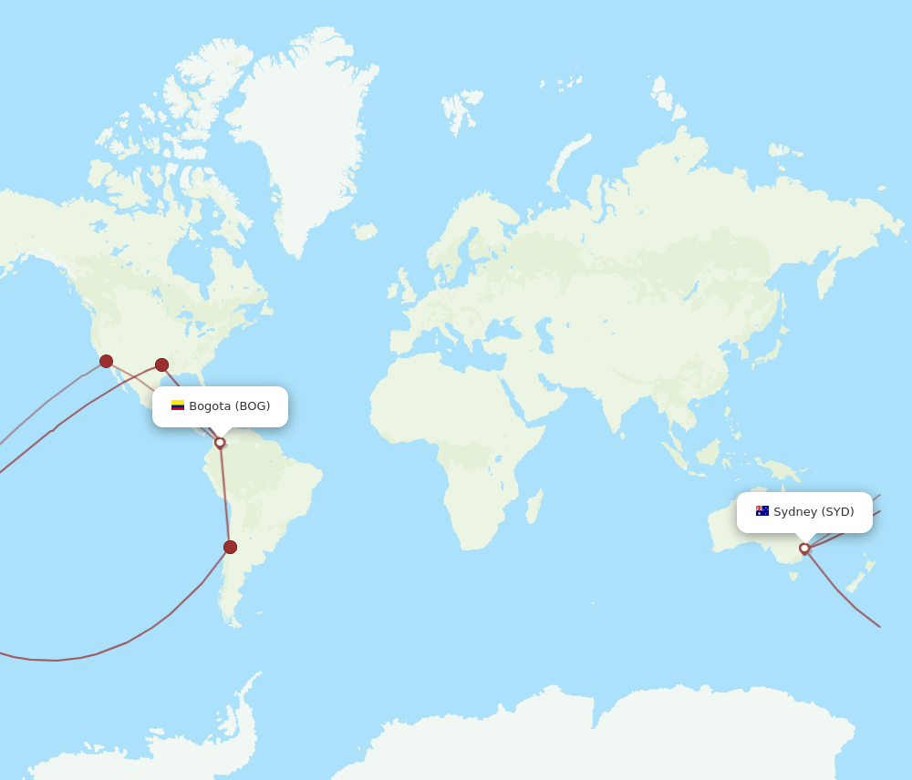 SYD to BOG flights and routes map