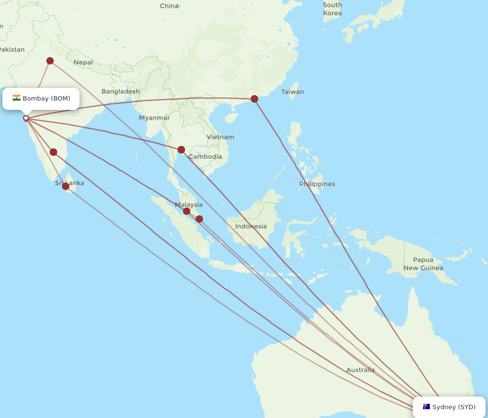 SYD to BOM flights and routes map