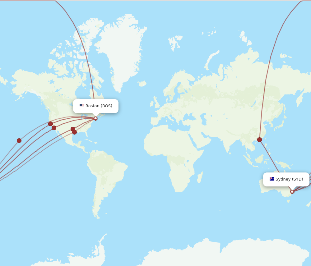 SYD to BOS flights and routes map