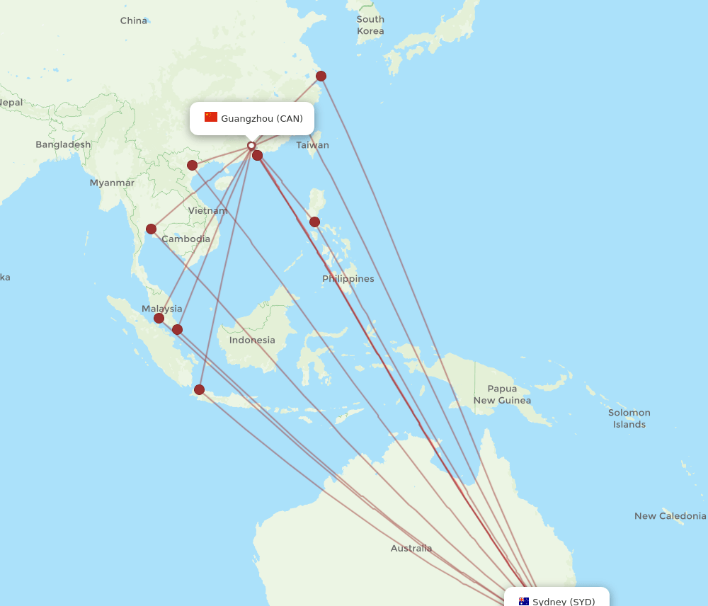 SYD to CAN flights and routes map