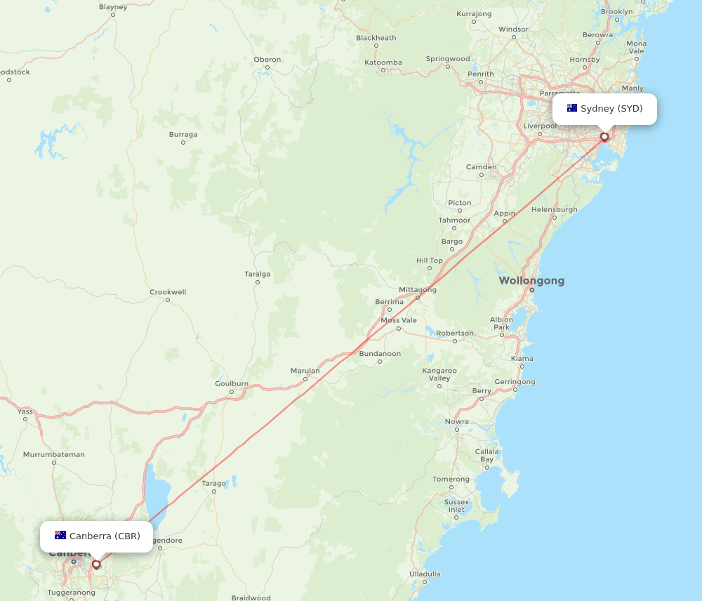 Sydney - Canberra route map and flight paths