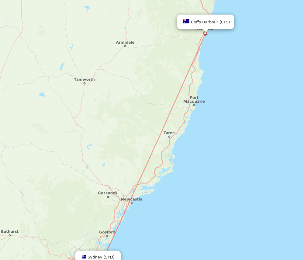 Sydney - Coffs Harbour route map and flight paths