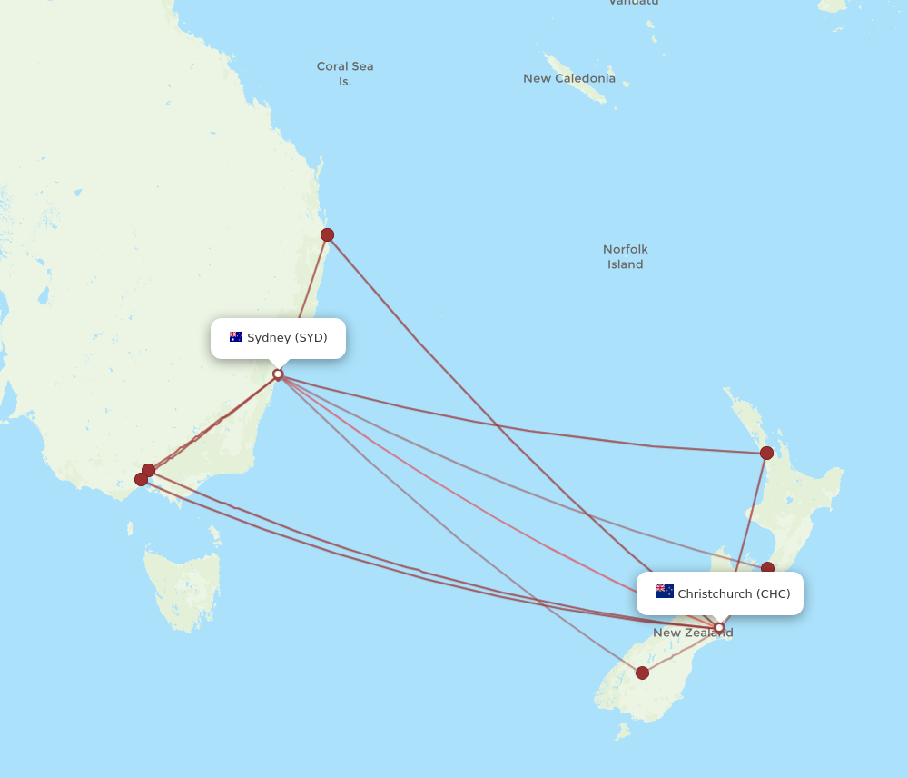 SYD to CHC flights and routes map