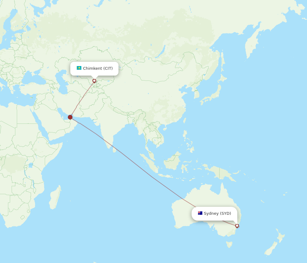 Shymkent - Sydney route map and flight paths