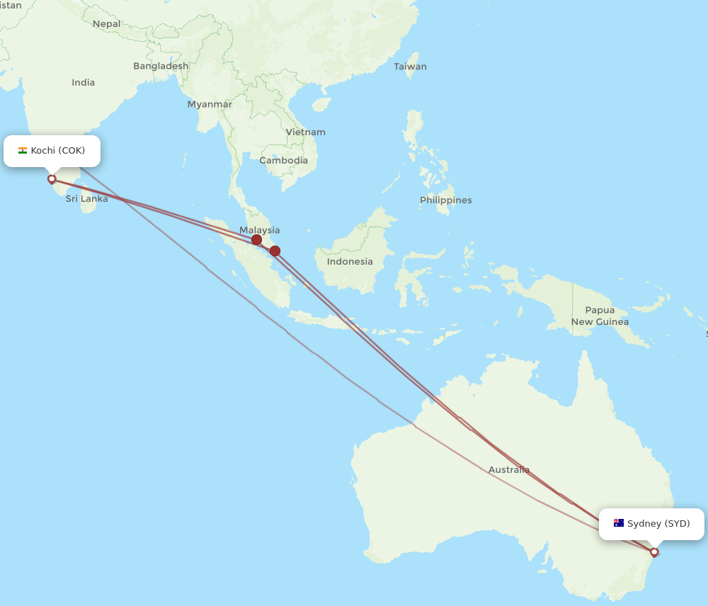 SYD to COK flights and routes map