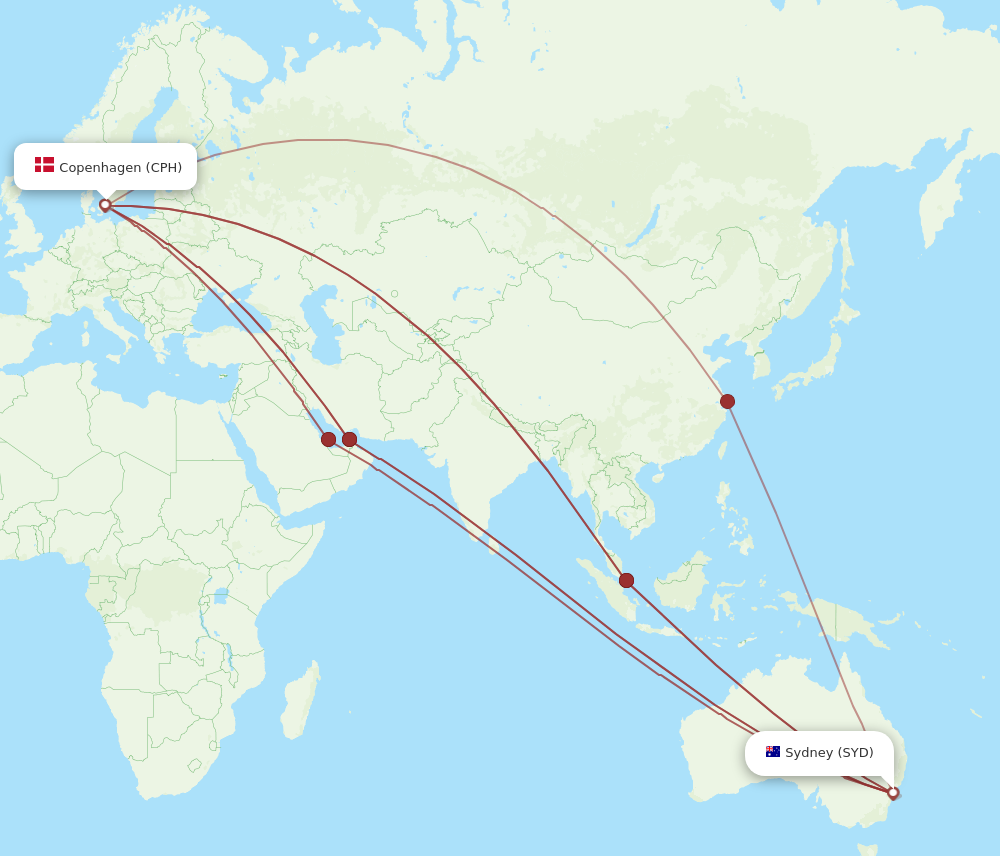 SYD to CPH flights and routes map