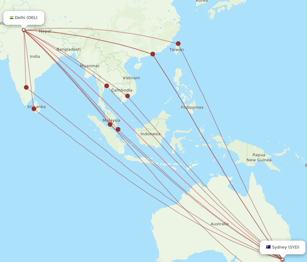 SYD to DEL flights and routes map