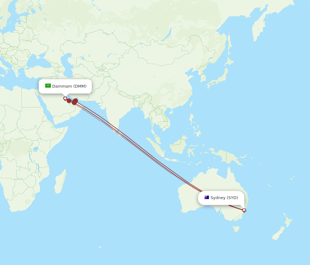 SYD to DMM flights and routes map