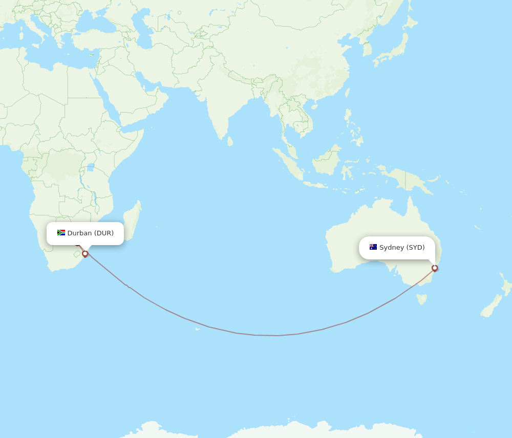 SYD to DUR flights and routes map